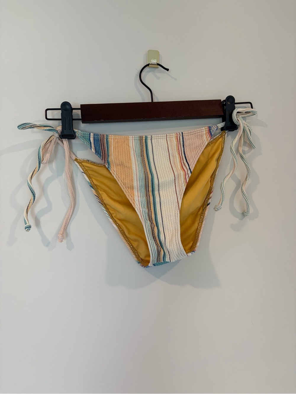 Striped Tie-Side Bikini Bottoms in Mustard and Pastel